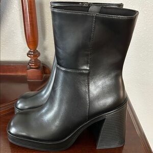 NOBO Black Mid-Calf Block Heel Leatherette Boots